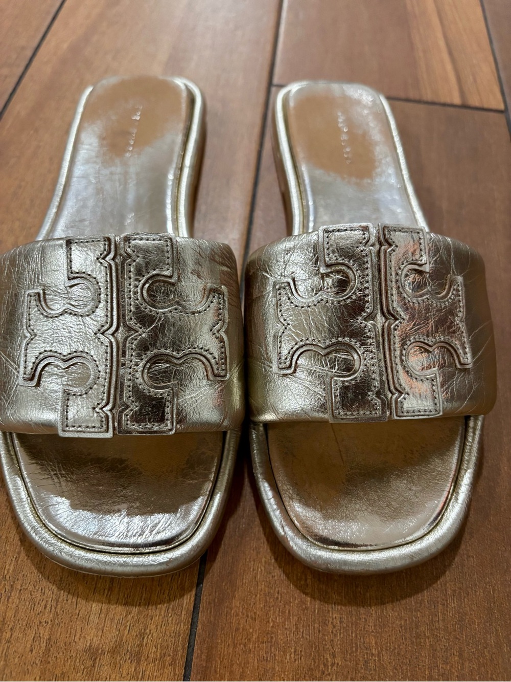 Tory Burch Women's Spark Gold Leather Slide Sandals - Size US 9